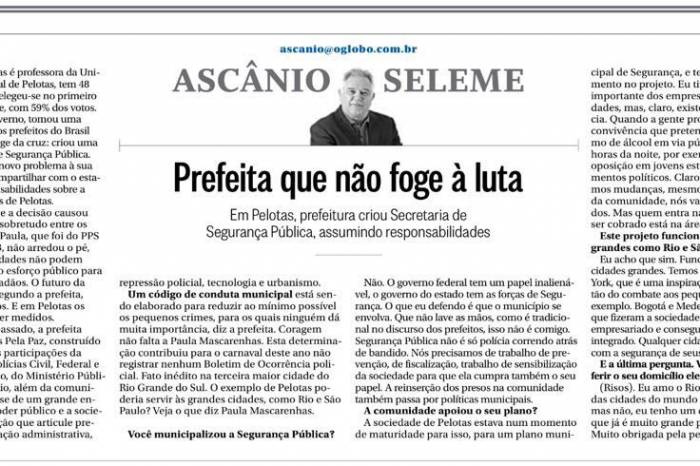 Pelotas e a prefeita Paula são destaques no jornal O Globo, na  coluna do jornalista Ascânio Seleme