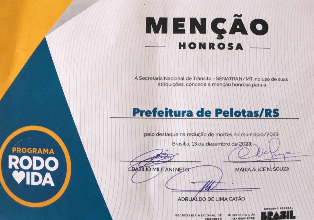 Reconhecimento foi conferido à Prefeitura pela queda de 37,5% de acidentes com vítimas fatais em 2023 em relação a 2022