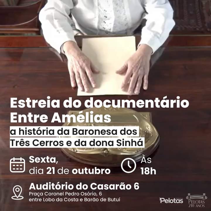 As cartas trocadas entre a Baronesa Amélia e sua filha Sinhá serão apresentadas em imagens no Casarão 2 da Praça Coronel Pedro Osório, e em filme que será exibido nesta sexta (21), às 18h, no Casarão 6. A exposição também estará disponível em braile