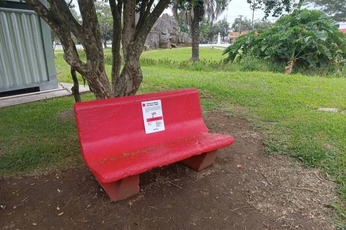Novo banco foi inaugurado no Parque da Baronesa nesta quinta-feira (26). A ação é símbolo de conscientização sobre a violência contra a mulher