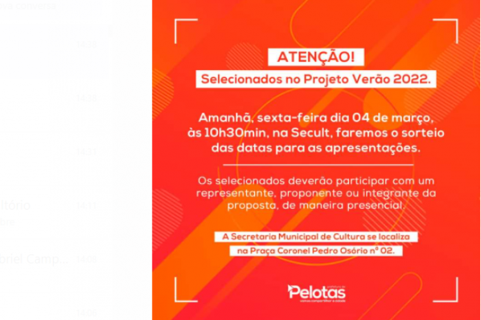 Os 67 selecionados para apresentações artísticas e atividades literárias da edição de 2022 do evento, devem comparecer ou enviar representante para o sorteio, que ocorre nesta sexta-feira (4), às 10h30min na Secult