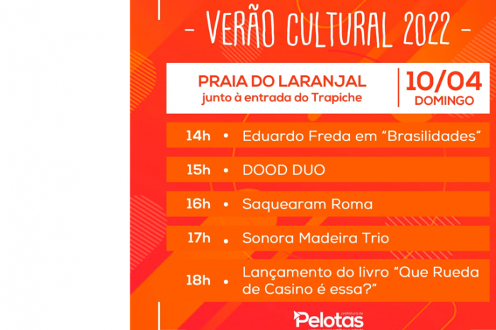 As apresentações artísticas vão ocorrer sexta-feira à noite no Laranjal Praia Clube. Sábado e domingo, das 14 às 19h, serão junto ao Trapiche no Valverde. Entrada será gratuita