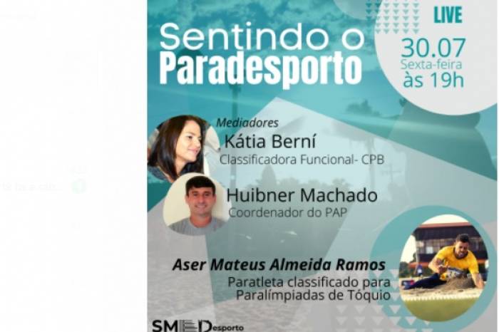 O convidado desta sexta-feira, dentro do projeto Sentindo o Paradesporto, é o gaúcho Aser Mateus Almeida Ramos, ao vivo, às 19h, pelas redes sociais do Departamento de Desporto da Smed