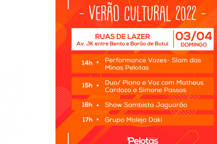 As apresentações artísticas de sexta e sábado vão ocorrer no Laranjal Praia Clube e as de domingo serão na estreia do projeto Ruas de Lazer, na avenida JK, com entrada gratuita