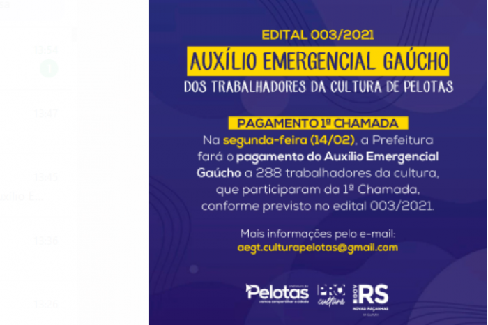 Pagamento será segunda-feira (14), para selecionados na primeira chamada do Edital, beneficiando 288 trabalhadores da Cultura de Pelotas
