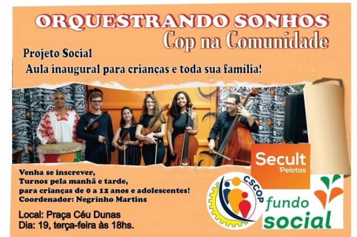 Atividade ocorre nesta terça-feira (19) às 18h na praça do CEU Dunas. Serão oferecidas aulas de músicas para crianças e suas famílias do bairro e do entorno