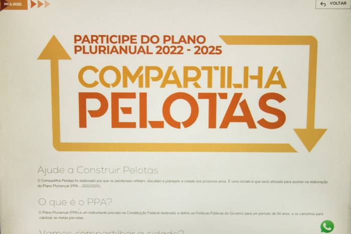 Através da plataforma “Compartilha Pelotas”, os cidadãos poderão apontar as suas prioridades e dar sugestões para a construção do novo plano plurianual - PPA 2022/2025 - que norteará a atuação do governo nos próximos anos