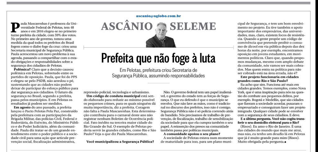 Pelotas e a prefeita Paula são destaques no jornal O Globo, na  coluna do jornalista Ascânio Seleme