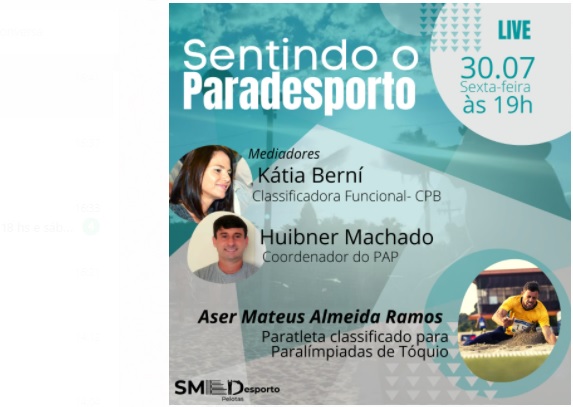 O convidado desta sexta-feira, dentro do projeto Sentindo o Paradesporto, é o gaúcho Aser Mateus Almeida Ramos, ao vivo, às 19h, pelas redes sociais do Departamento de Desporto da Smed