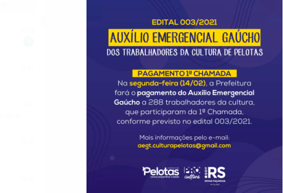 Pagamento será segunda-feira (14), para selecionados na primeira chamada do Edital, beneficiando 288 trabalhadores da Cultura de Pelotas
