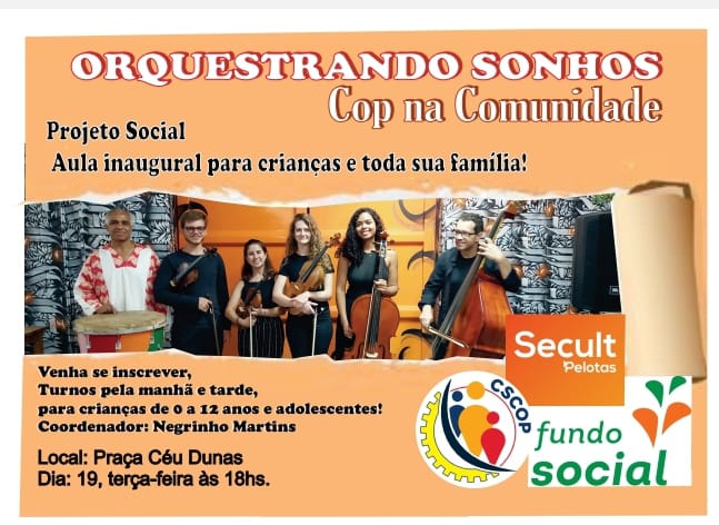 Atividade ocorre nesta terça-feira (19) às 18h na praça do CEU Dunas. Serão oferecidas aulas de músicas para crianças e suas famílias do bairro e do entorno