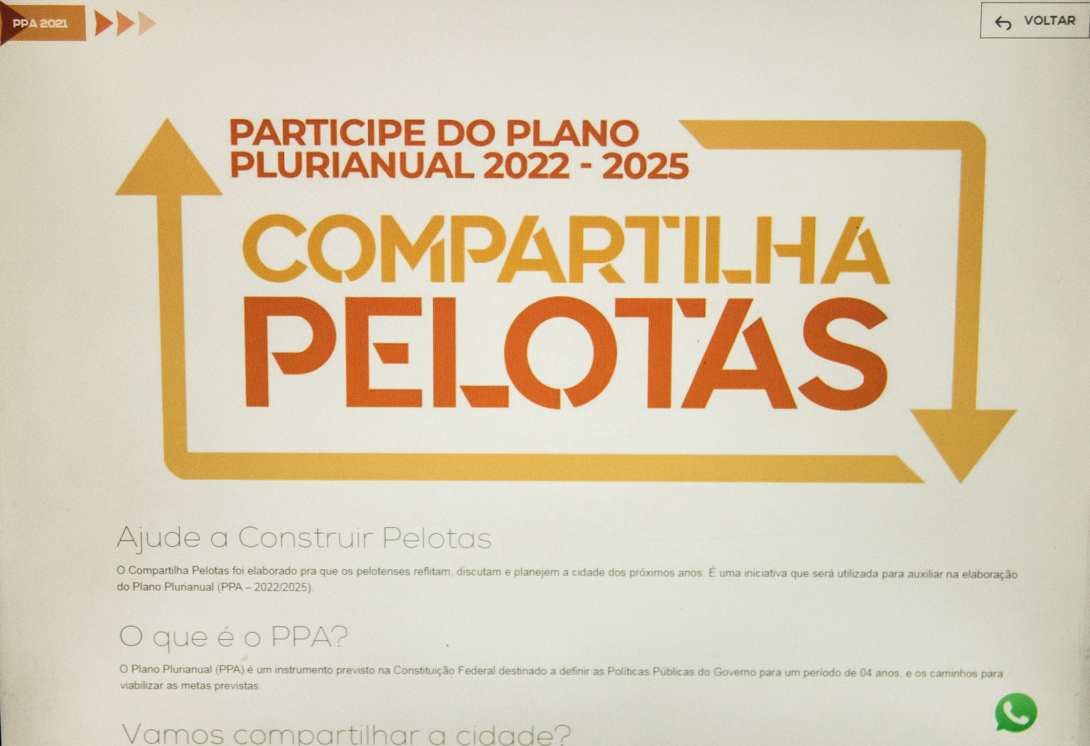 Por meio da plataforma "Compartilha Pelotas", os pelotenses poderão contribuir com indicações e sugestões ao novo Plano Plurianual 2022/2025, até terça-feira (27), quando será realizada a audiência pública de discussão das ações